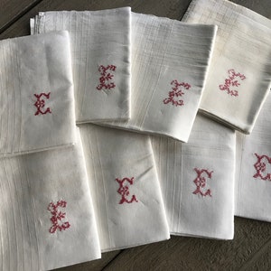 1 French Mens Handkerchief, White Linen, Embroidered Monogram E
