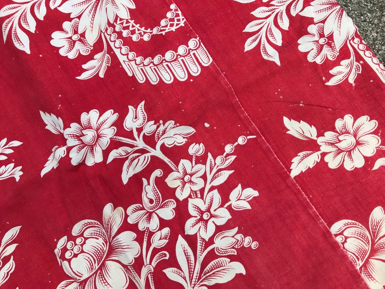 French Red Floral Cotton Print Fabric, Remnant, Sewing Projects, French Historical Fabric Textiles image 10