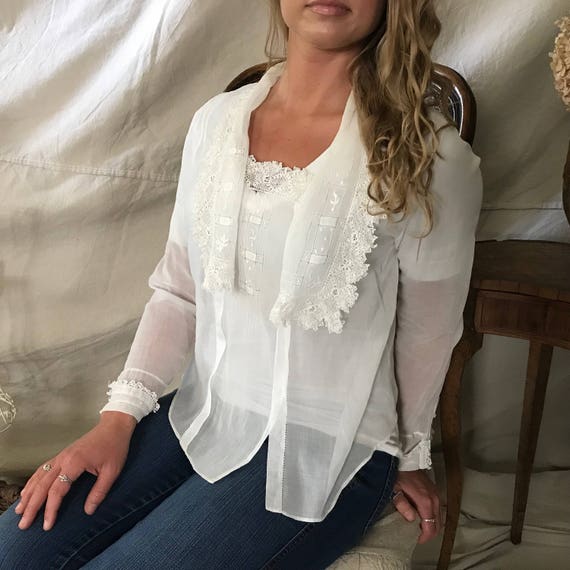 Blusa de encaje irlandesa antigua Batiste algodón blanco - Etsy España