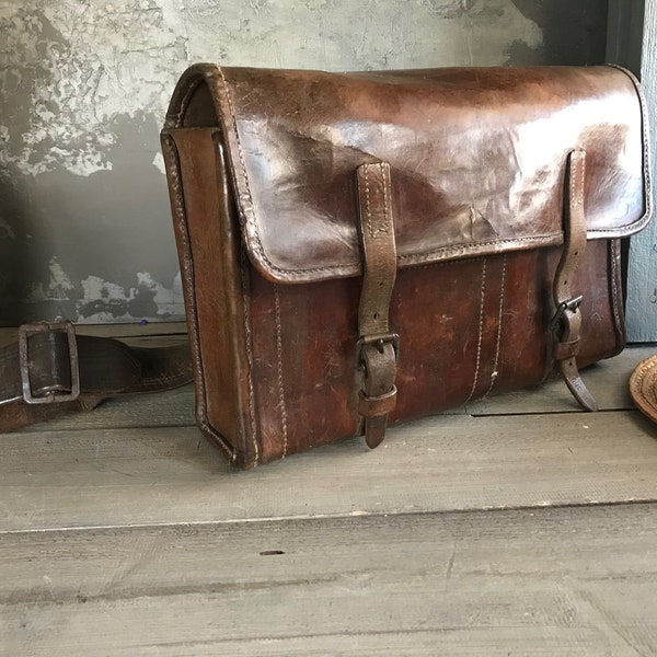 French Leather Work Bag, Satchel Briefcase Telegraph La Poste Postal, Chestnut Brown Messenger