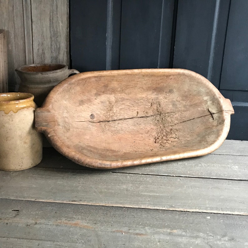 Antique Handcarved Wood Bowl, Primitive, Repair, Trencher, Cheese Trough, Dough Proofing Bowl, Rustic Farm Table, European Farmhouse Decor image 4