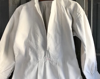 19th C French Chore Shirt, Chemise, Hemp, Linen Collar, Smock, Peasant Work Wear, Farmhouse, Homesteading
