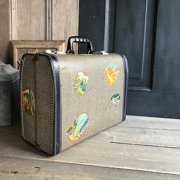 Mid Century Suitcase, Tweed Style, Cosmetic, Small Travel Train Case, International Travel Stickers