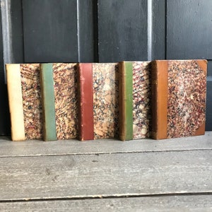 May include: Five antique books with marbled covers and different colored spines. The books are arranged in a row on a wooden surface.