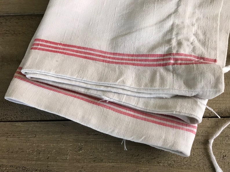 French Linen Sack, Red Stripe Ticking Laundry Cinch Bag, French Fabric Textiles image 4