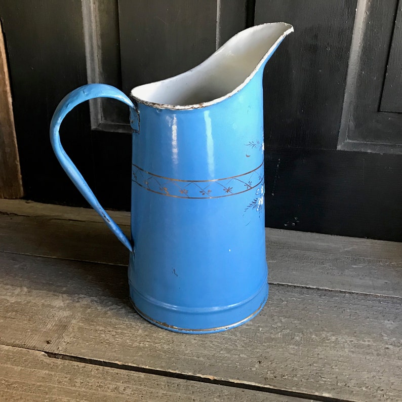 French Enamel Pitcher, Small Blue Floral Jug, Rustic Floral Vase, French Farmhouse Decor image 7