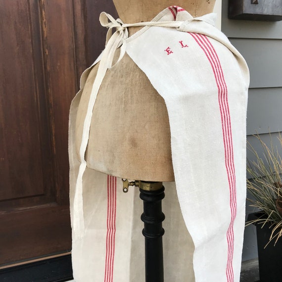 French Linen Chefs Apron, Waist Length, Wrap Around, Red Stripe, Bakers, Chef, Chore Apron, Monogrammed, Waist Ties View 3