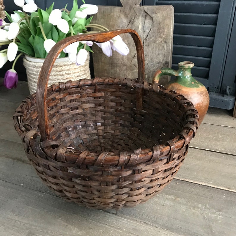 Antique Rustic Basket, Bentwood Handle, Willow Wicker Flower Basket, Farmhouse, Farm Table image 2