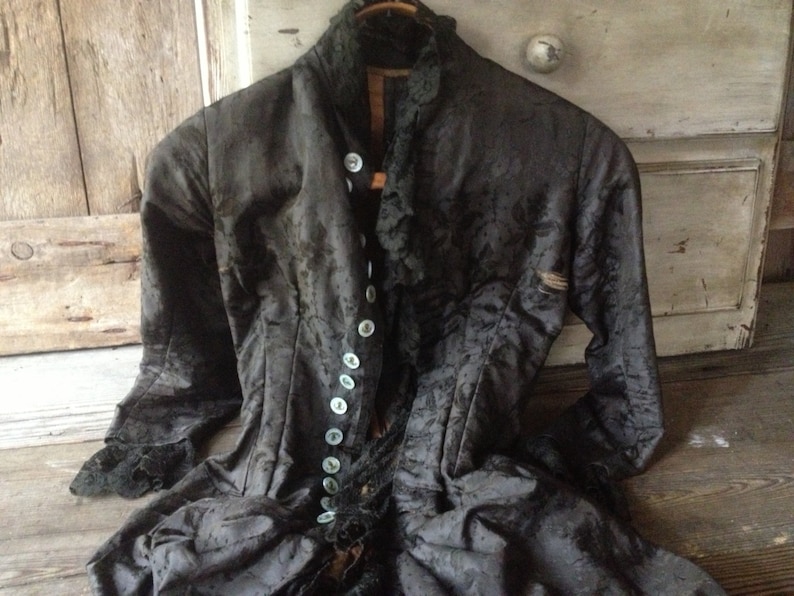 Victorian Silk Damask Jacket Bustle Black Chantilly Lace Handpainted Buttons Period Costume image 5