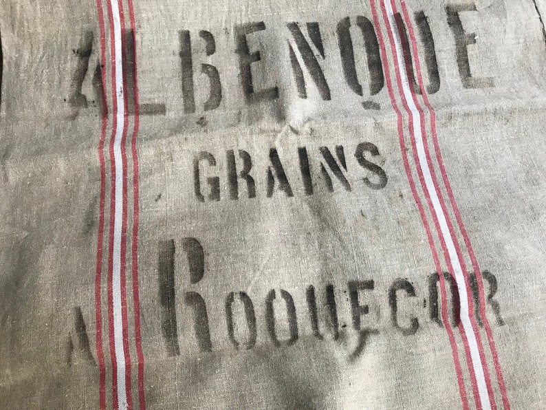 French Linen Grain Sack, Red White Stripe, Upholstery, Pillow Craft Fabric, Rustic French Farmhouse image 1