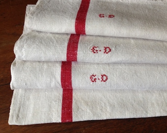 Antique French Linen Towel, Torchon, Large Kitchen Tea Towels, Red Stripe, Monogrammed