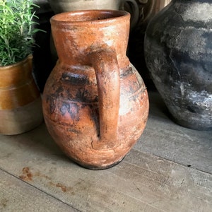 Antique Pottery Jug, Pitcher, Vase, Redware, Folk Art, Rustic Terra Cotta, Hand Thrown, Hand Painted, 19th C, Rustic Farmhouse, Farm Table image 5
