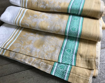 Damast Baumwolle Tischdecke, Obst Muster Damast, Ocker, Grün, Mid Century Tischwäsche