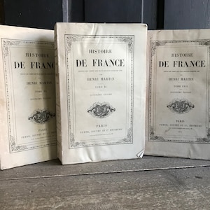 May include: A collection of antique books titled Histoire de France by Henri Martin, featuring off-white paper covers with black printed text, decorative borders, and the publisher name Furne, Jouvet et Cie, Editeurs, Paris, printed on the front.