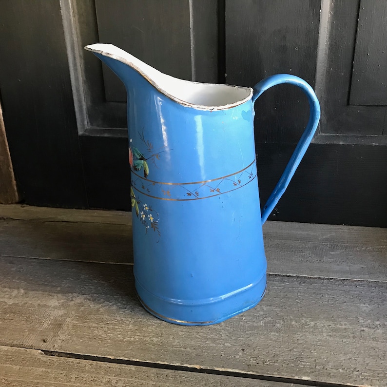 French Enamel Pitcher, Small Blue Floral Jug, Rustic Floral Vase, French Farmhouse Decor image 6