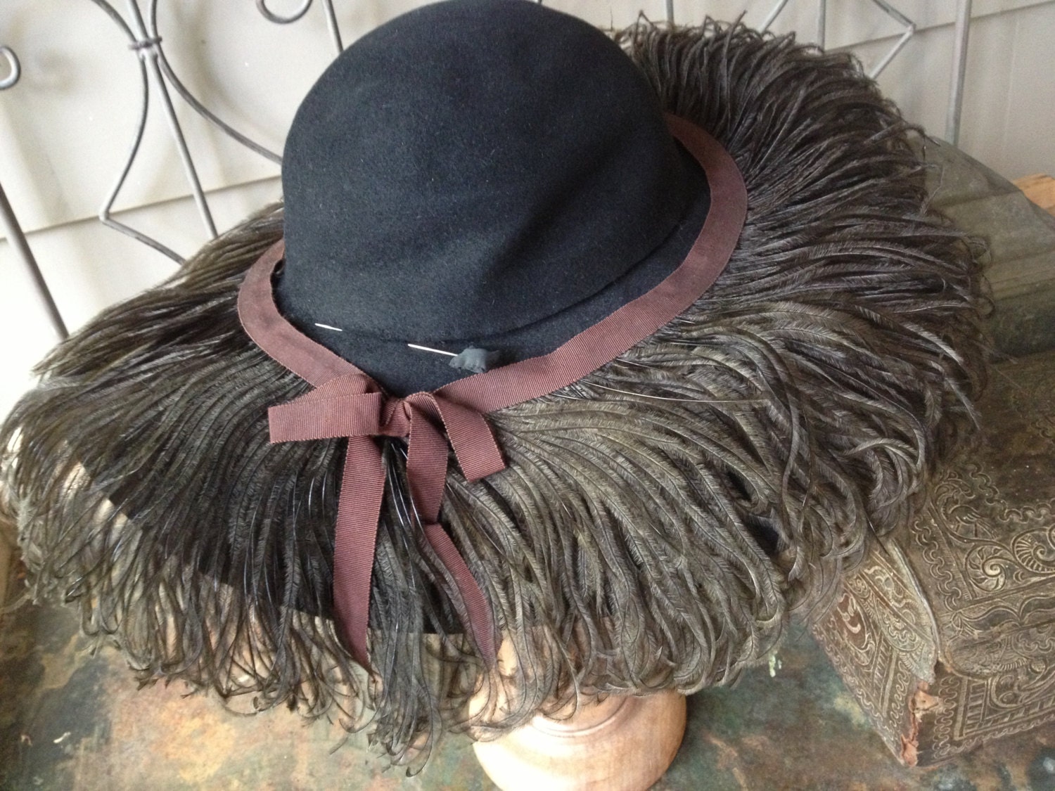 Felted Wool Ostrich Feather Hat Wide Brim Hat Stunning Etsy