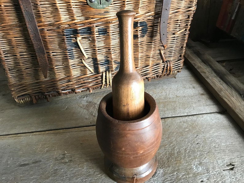 Antique Wood Mortar and Pestle, Handmade Primitive, Rustic French Country Farmhouse image 2