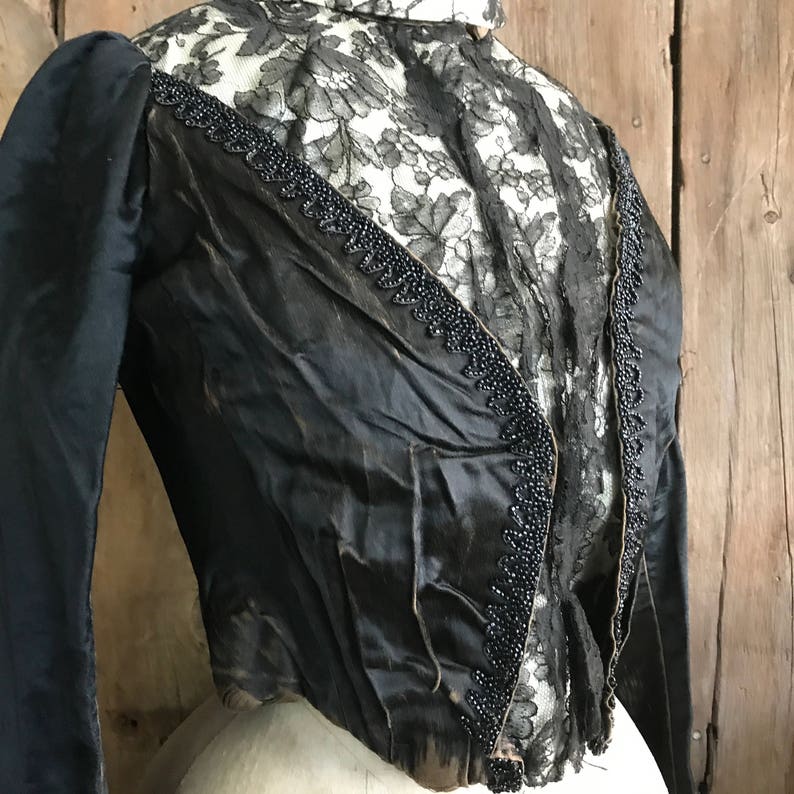 Antique Black Jacket, Victorian Steampunk, 1800s Silk and Lace Bodice image 7