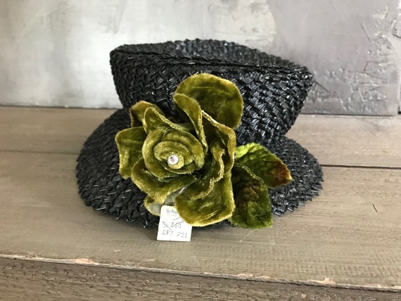 1940s Black Straw Hat, Moss Green Velvet Bow, Orig