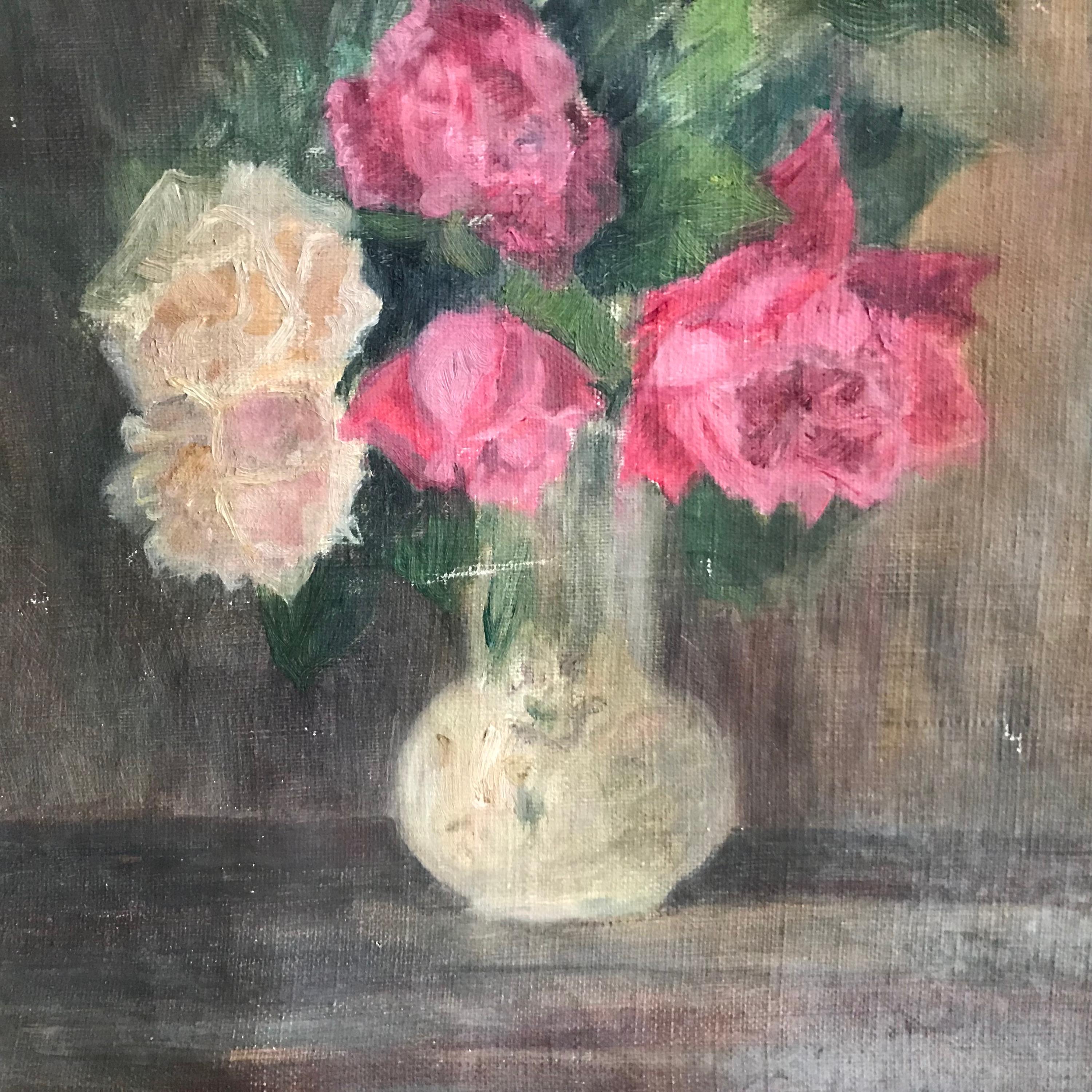 アンティーク フランス花油絵、花瓶のバラの花、ピンクのバラ、静物画