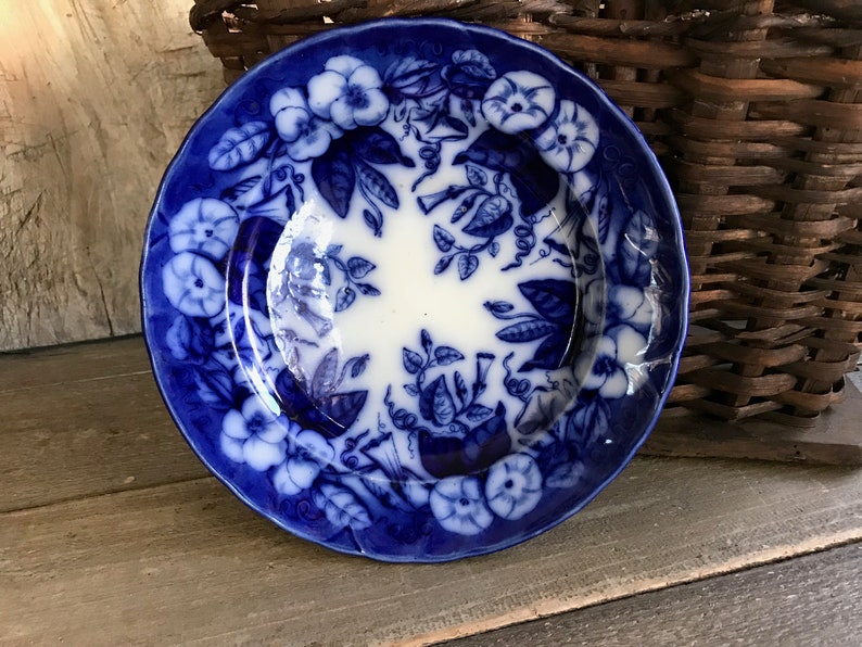 19th C Faïence de Bordeaux, Blue Floral Plate, David Johnston Earthenware, French Farmhouse image 1