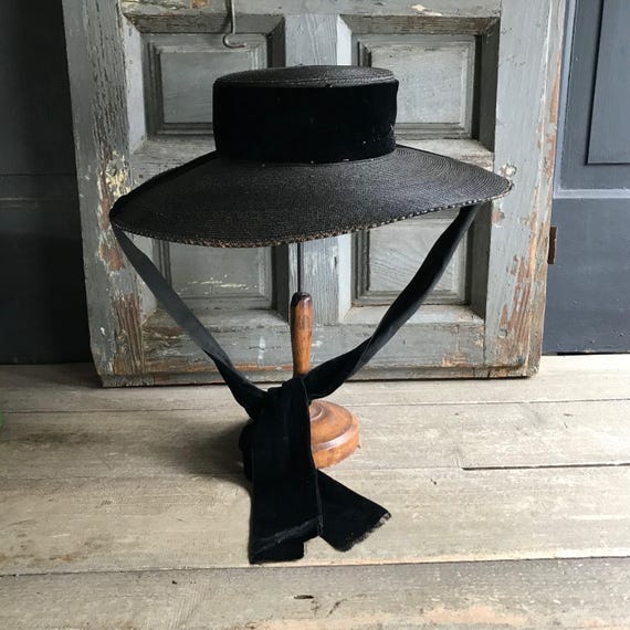 Antique French Black Straw Hat, Edwardian, Panama Straw  display picture 3