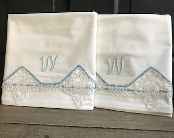 1940s Pillow Case Set, Cotton, Linen, Fine Lace and Monogram Pattern, Standard, Queen Size, IW