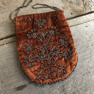 French Antique Silk Velvet Beaded Purse, Cinnamon, Silver Metal Beads, ca 1880