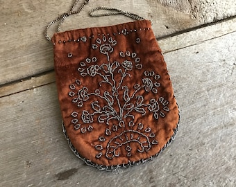 French Antique Silk Velvet Beaded Purse, Cinnamon, Silver Metal Beads, ca 1880