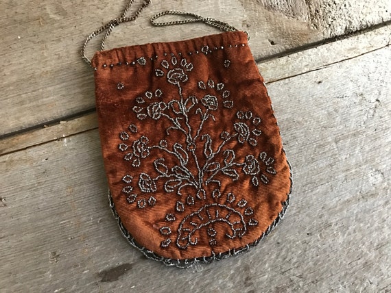 French Antique Silk Velvet Beaded Purse, Cinnamon… - image 1