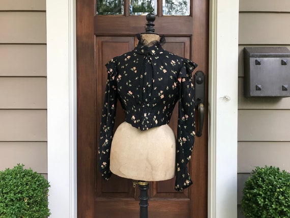 Victorian Black Floral Print Jacket, Blouse, Ruff… - image 9