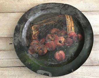 Antique Pewter Plate, Folk Art Charger, Handpainted, 1700s, Hallmarked, 14 Inch, Display Plate