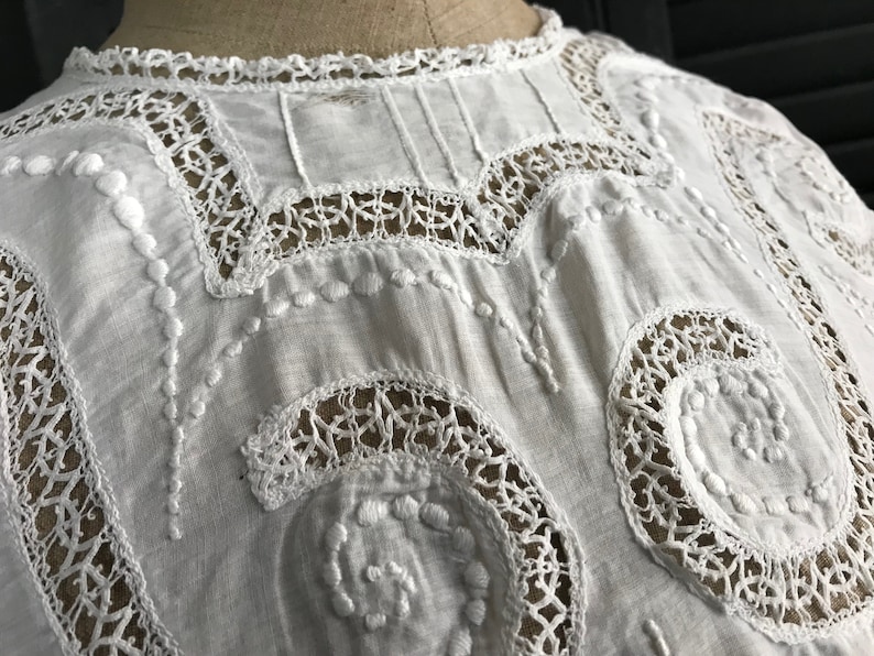French Embroidered Lace Blouse, White Cotton Batiste, Edwardian, Period Clothing image 8