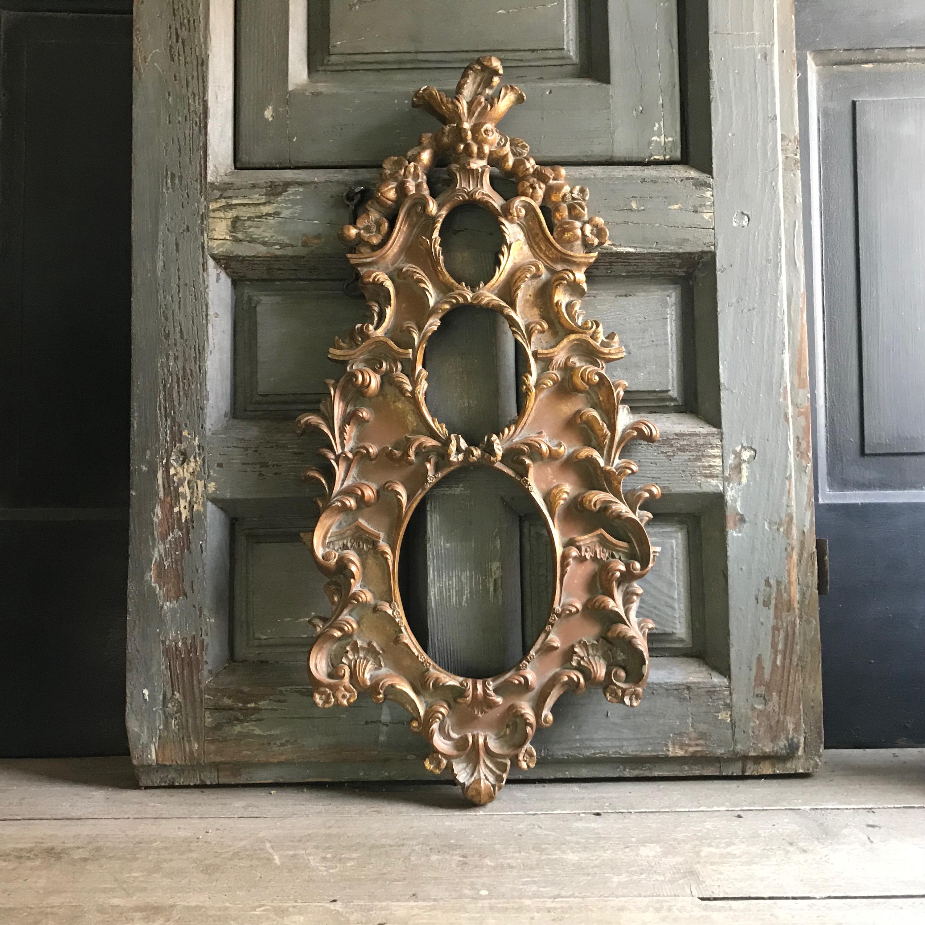 19th C French Gilded Picture Frame, Gold Gilt, Triple Photo Frame