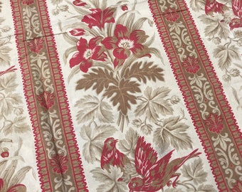 French Printed Floral Cotton Fabric Remnant, Bird Floral Design, Period Textiles Sewing Projects Antique