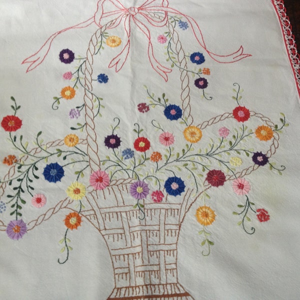 French Cafe Curtain Panel, White Linen Colorful Floral Applique and Hand Embroidered Vintage