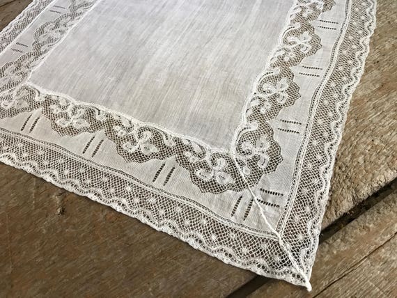 Madeira Linen Lace Bridal Hanky, Handmade White H… - image 1