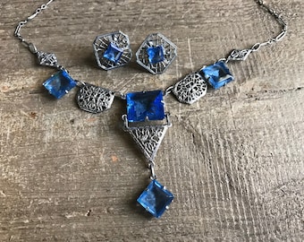Art Deco Blue Bezel Necklace, Earrings, Rhodium Set, Period Jewelry, KH