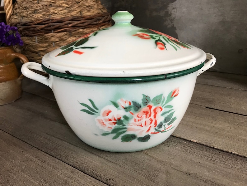 Coral Painted Roses Large Chippy French Enamel Casserole French Farmhouse