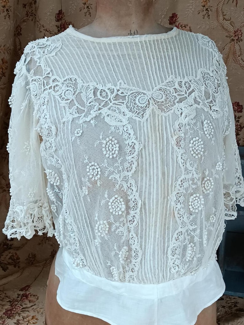 French Edwardian Lace Blouse, Lace Bodice, Embroidery Work, Period Clothing, Restoration Project image 4