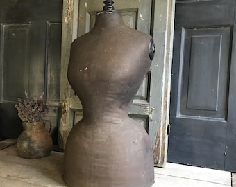 19th C French Wasp Waist Mannequin, Dress Makers Form, Brown Linen, Black Wood Stand, Period Clothing Prop, Damages