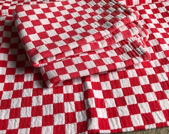 French Bistro Café Table Set, Red Check, Gingham, French Farmhouse Historical Textiles, Table Runner, Napkins, Set of 3
