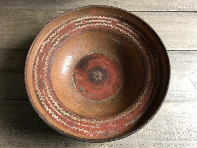 19th C French Redware Bowl, Slip Glaze, Terra Cotta, Earthenware Pottery, Provencal Cookware, French Farmhouse image 2