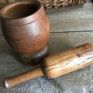 Antique Wood Mortar and Pestle, Handmade Primitive, Rustic French Country Farmhouse image 1