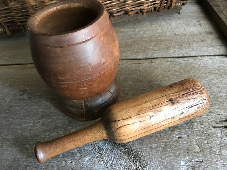 Antique Wood Mortar and Pestle, Handmade Primitive, Rustic French Country Farmhouse image 1