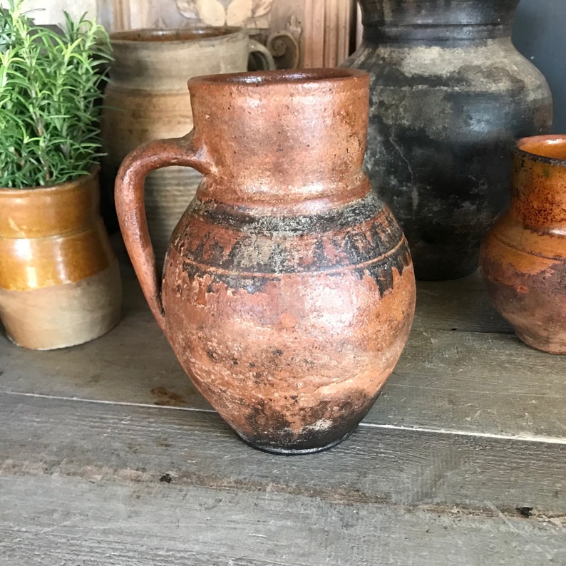Antique Pottery Jug, Pitcher, Vase, Redware, Folk Art, Rustic Terra Cotta, Hand Thrown, Hand Painted, 19th C, Rustic Farmhouse, Farm Table image 1