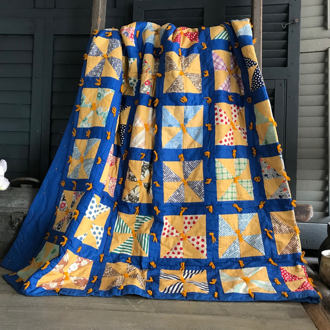 Folk Art Cotton Quilts, Hand Stitched, Patchwork, Colorful Americana