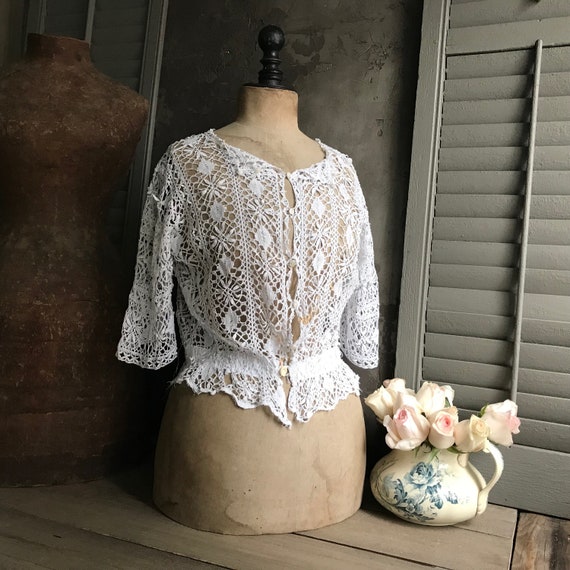 1900s French White Lace Blouse, Jacket, Handmade, Period 