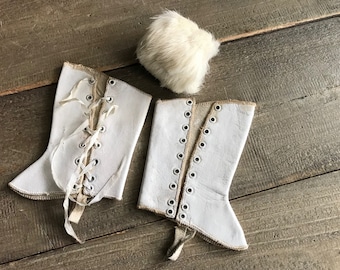 Antique Leather Doll Spats, Fur Muff, Accessories, French Baby Doll Clothes