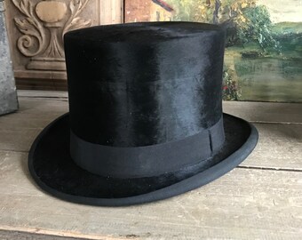 French Black Top Hat, André Levoy, Le Mans, Beaver. Victorian, Edwardian Fashion, Period Clothing